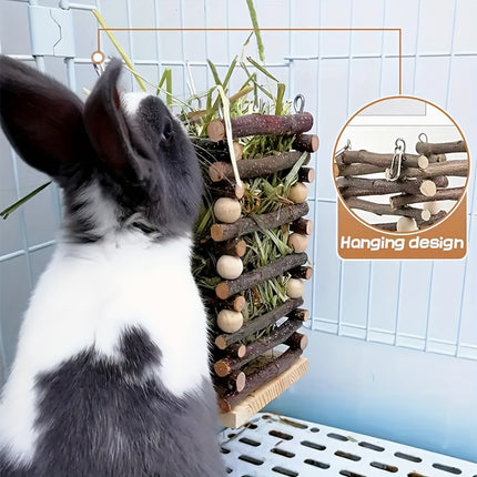 Rabbit Hay Feeder Rack Apple Wood Grass Holder Natural Food Rack Small Pet