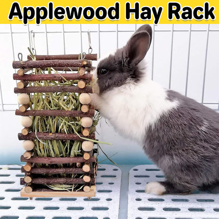 Rabbit Hay Feeder Rack Apple Wood Grass Holder Natural Food Rack Small Pet
