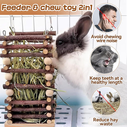 Rabbit Hay Feeder Rack Apple Wood Grass Holder Natural Food Rack Small Pet