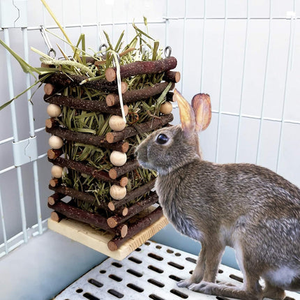 Rabbit Hay Feeder Rack Apple Wood Grass Holder Natural Food Rack Small Pet