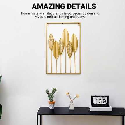 Metal Leaf Wall Hanging Decor Gold Iron Frame Living Room Porch 60 x 40cm