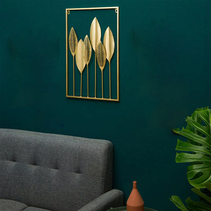 Metal Leaf Wall Hanging Decor Gold Iron Frame Living Room Porch 60 x 40cm