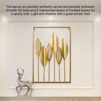 Metal Leaf Wall Hanging Decor Gold Iron Frame Living Room Porch 60 x 40cm
