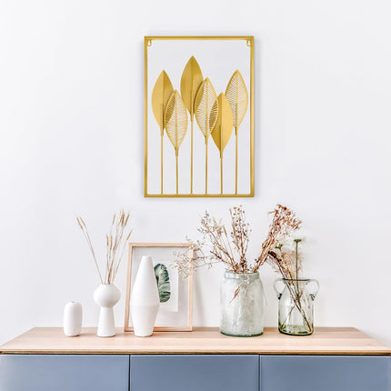 Metal Leaf Wall Hanging Decor Gold Iron Frame Living Room Porch 60 x 40cm