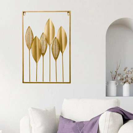 Metal Leaf Wall Hanging Decor Gold Iron Frame Living Room Porch 60 x 40cm
