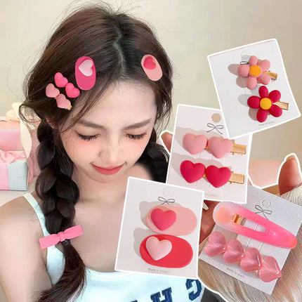 Cute Pink Hair Clips Set for Girls with Hearts Flowers and Bows Resin Hair Accessories