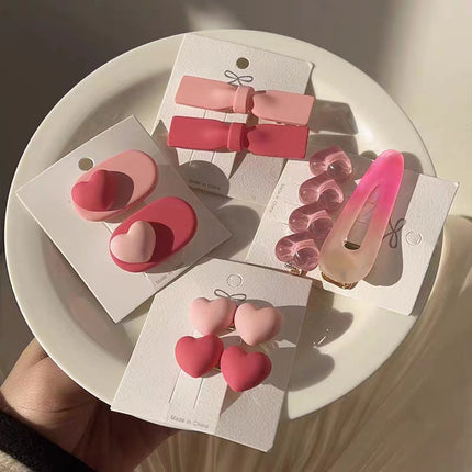 Cute Pink Hair Clips Set for Girls with Hearts Flowers and Bows Resin Hair Accessories