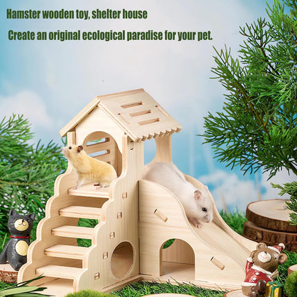 Hamster Wooden House Villa Shelter Small Pet Cage Decor Landscaping Accessories
