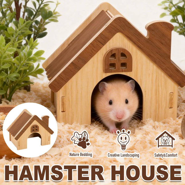 Hamster Wooden House Chimney Cottage Solid Wood Pet Hideout 17.3 x 11 x 14cm