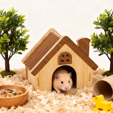 Hamster Wooden House Chimney Cottage Solid Wood Pet Hideout 17.3 x 11 x 14cm