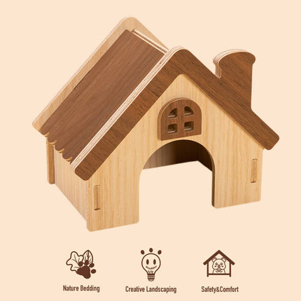 Hamster Wooden House Chimney Cottage Solid Wood Pet Hideout 17.3 x 11 x 14cm