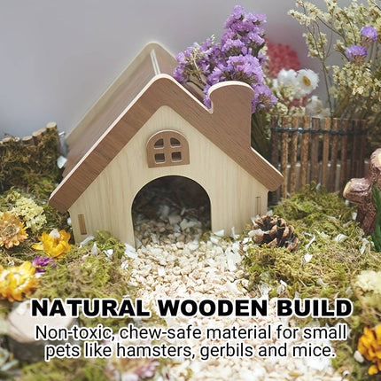 Hamster Wooden House Chimney Cottage Solid Wood Pet Hideout 17.3 x 11 x 14cm