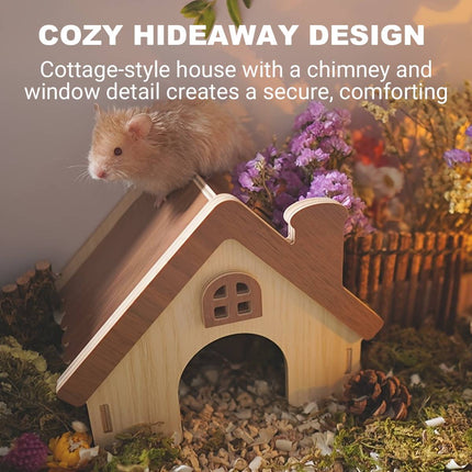 Hamster Wooden House Chimney Cottage Solid Wood Pet Hideout 17.3 x 11 x 14cm