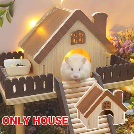 Hamster Wooden House Chimney Cottage Solid Wood Pet Hideout 17.3 x 11 x 14cm