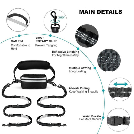 Hands Free Dog Running Leash with Waist Bag Reflective Adjustable Belt and Pouch