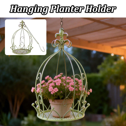 Green vintage iron hanging planter holder with pink flowers - crown style wrought iron basket for patio garden