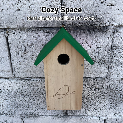 Hanging wooden birdhouse mounted in garden backyard - outdoor wild bird nesting shelter with green roof