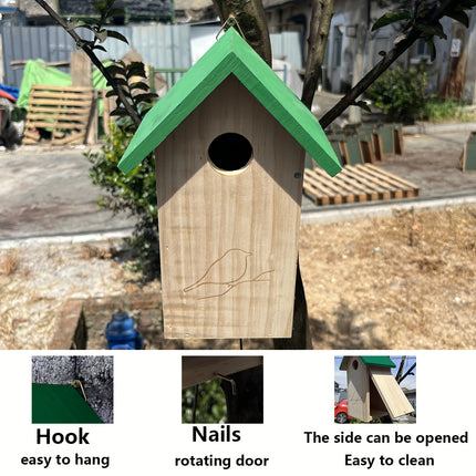 Outdoor wooden birdhouse with engraved bird motif front panel - garden backyard bird nesting box decoration