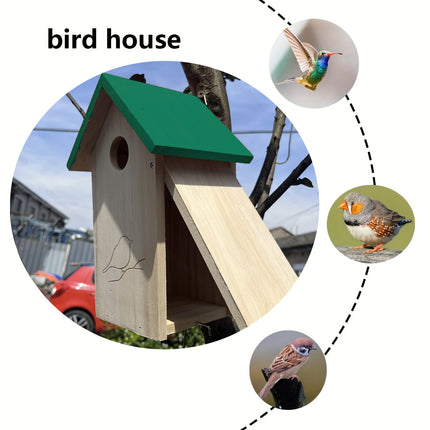 Wooden bird house attracting various wild birds including hummingbird sparrow and garden birds