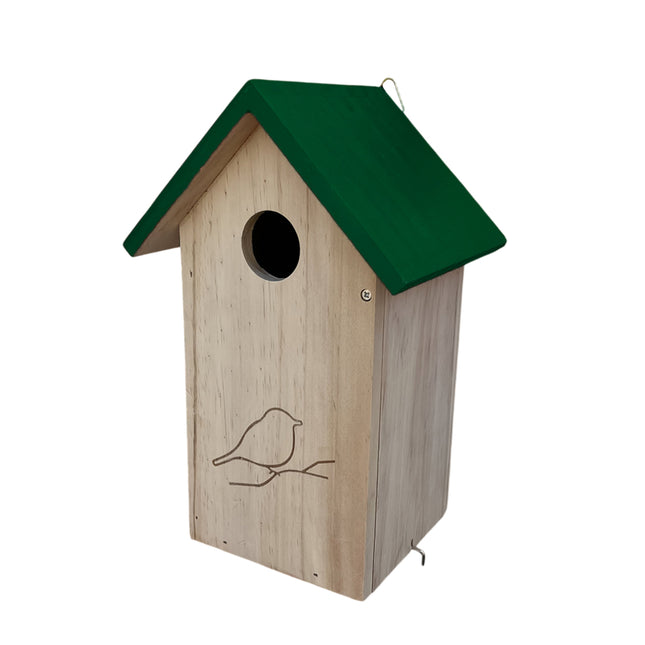 Natural wooden birdhouse with green painted roof on white background - wild bird nesting box