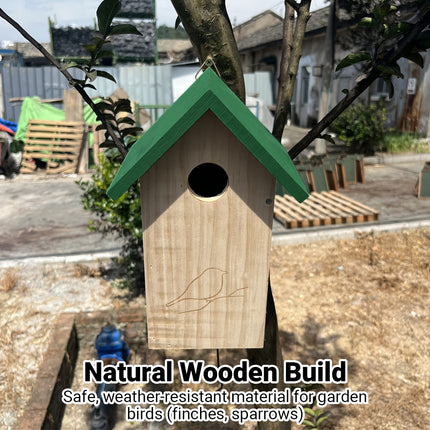 Wooden birdhouse top view showing pre-fitted hanging hook for mounting on tree fence or wall