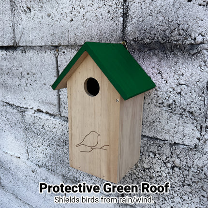 Wooden birdhouse with protective green roof shields birds from rain and wind - hanging outdoor wild bird nesting box