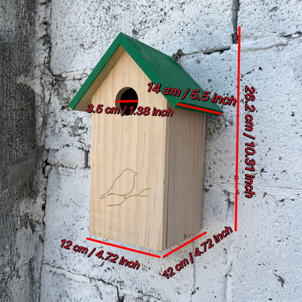Outdoor birdhouse dimensions 12x12x26.2cm with 3.5cm entrance hole - wooden wild bird nesting box size chart