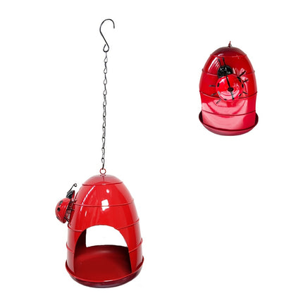 Hanging Metal Bird Feeder with Ladybug Accent - Outdoor Garden Feeding Dish