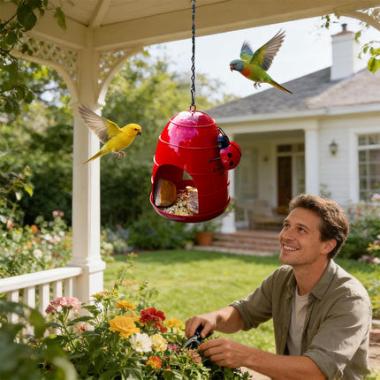 Hanging Metal Bird Feeder with Ladybug Accent - Outdoor Garden Feeding Dish