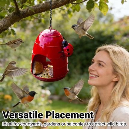 Hanging Metal Bird Feeder with Ladybug Accent - Outdoor Garden Feeding Dish