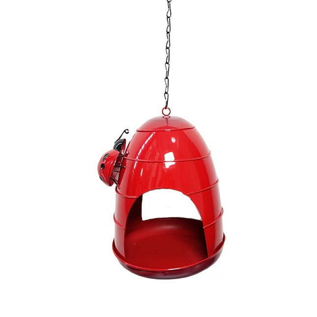 Hanging Metal Bird Feeder with Ladybug Accent - Outdoor Garden Feeding Dish
