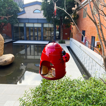 Hanging Metal Bird Feeder with Ladybug Accent - Outdoor Garden Feeding Dish