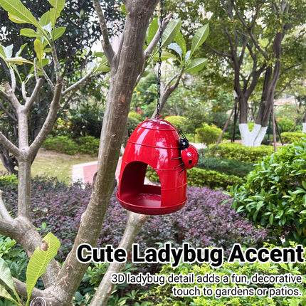Hanging Metal Bird Feeder with Ladybug Accent - Outdoor Garden Feeding Dish