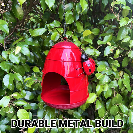 Hanging Metal Bird Feeder with Ladybug Accent - Outdoor Garden Feeding Dish