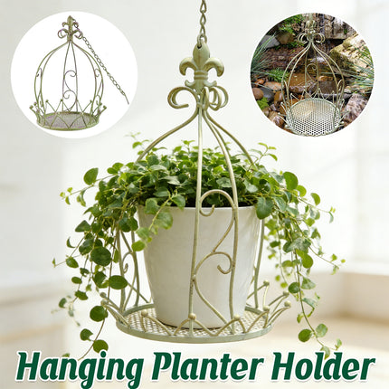 Vintage iron hanging planter holder with green distressed finish - crown style garden wall patio flower basket
