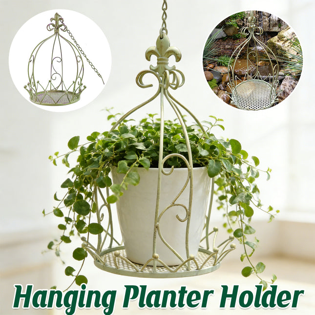 Vintage iron hanging planter holder with green distressed finish - crown style garden wall patio flower basket