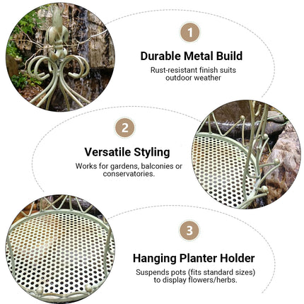 Iron hanging planter features - durable rust-resistant metal build versatile styling for gardens balconies