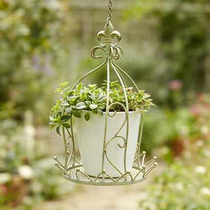 Hanging iron planter holder with herbs and flowers - garden patio balcony decoration vintage crown style