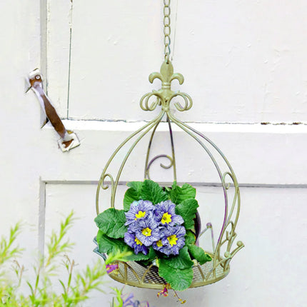 Crown style iron hanging basket planter holder with flower pot - vintage distressed finish patio decoration
