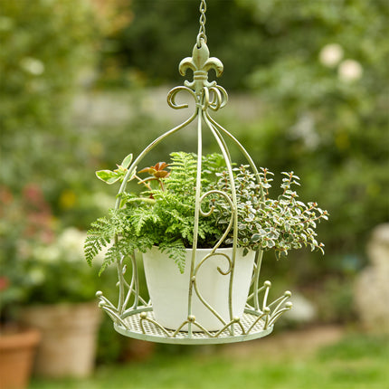 Vintage wrought iron hanging flower basket in outdoor garden setting with trailing plants