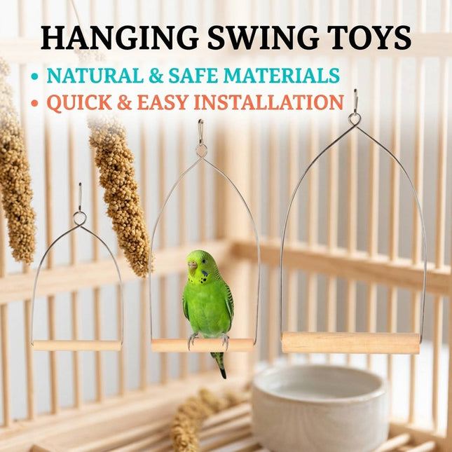 Natural Wood Bird Swing Toy Hanging Parrot Cage Perch Accessory