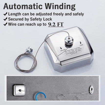 2.8m Invisible Clothesline Indoor Retractable Stainless Steel Wire Sturdy