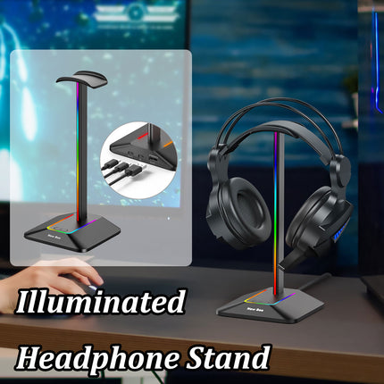 Dual Output RGB Headphone Stand Holder for Gaming PC Desk with USB Hub