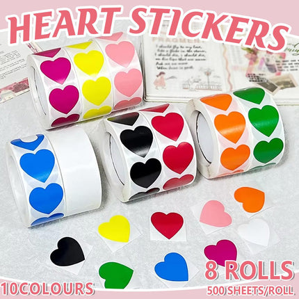 8 Rolls Heart Stickers 500PCS Per Roll Self Adhesive Label Love Sealing Sticker