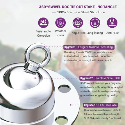 Dog Tie Out Stake 360 Rotation Heavy Duty Rustproof Pet Supply Yard Stake