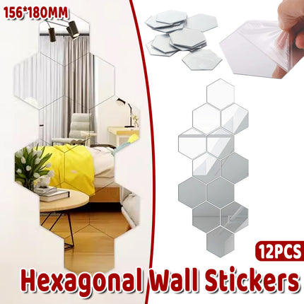 12 Pcs Acrylic Mirror Wall Stickers Hexagonal Self Adhesive Home Decor