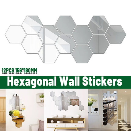 12 Pcs Acrylic Mirror Wall Stickers Hexagonal Self Adhesive Home Decor
