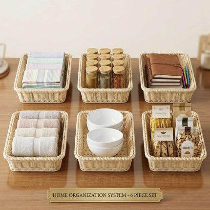 Hand Woven Rattan Style Storage Baskets Set of 6 Cream White Organiser Bins