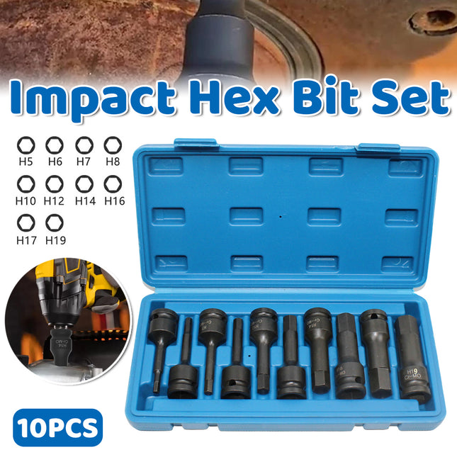 10 Piece Impact Hex Socket Bit Set 1/2 Inch Drive Metric H5 to H19 with Storage Case