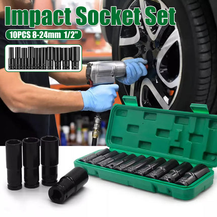 10pcs 8-24mm Impact Socket Set Metric Imperial Drive Air Garage Deep